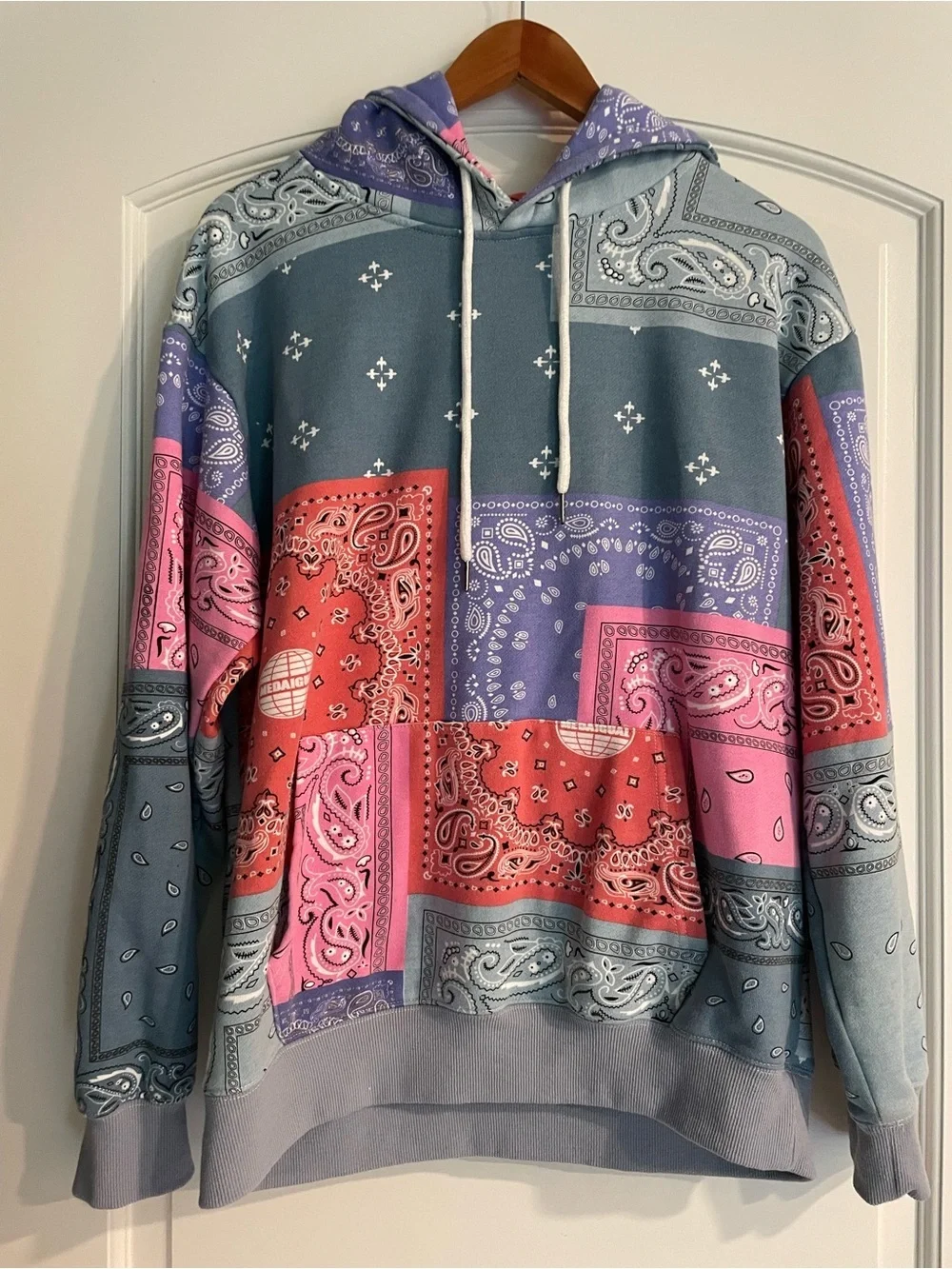 MEDAIGUAL Bandana Paisley Multicolor Fleece Pullover Hoodie Pockets Drawstring L